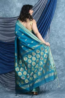 Teal woven blended cotton saree with blouse