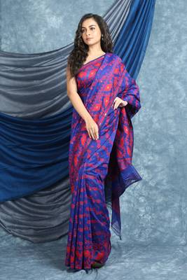 Blue Woven Blended Cotton Saree Without Blouse 1