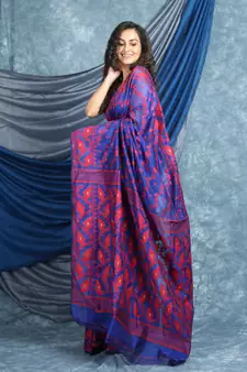 Blue Woven Blended Cotton Saree Without Blouse