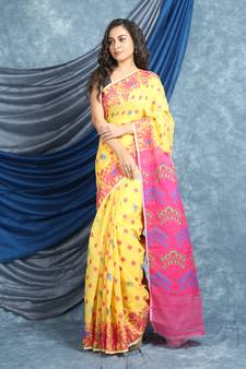 Yellow Woven Blended Cotton Saree Without Blouse