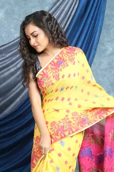 Yellow Woven Blended Cotton Saree Without Blouse