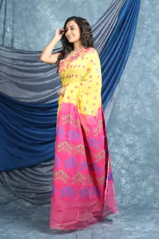 Yellow Woven Blended Cotton Saree Without Blouse