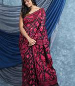 Black woven blended cotton saree 