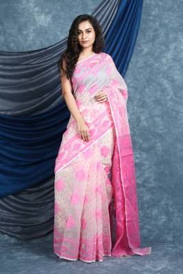 White Woven Blended Cotton Saree Without Blouse 1