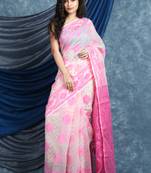 White Woven Blended Cotton Saree Without Blouse