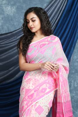 White Woven Blended Cotton Saree Without Blouse 2