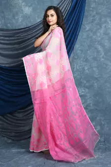 White Woven Blended Cotton Saree Without Blouse