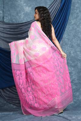 White Woven Blended Cotton Saree Without Blouse 4
