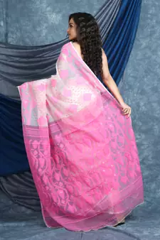 White Woven Blended Cotton Saree Without Blouse