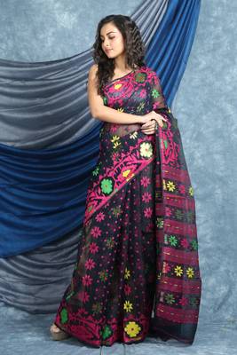 Black Woven Blended Cotton Saree Without Blouse 1