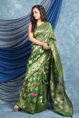 Olive Woven Blended Cotton Saree Without Blouse 1