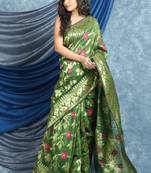Olive Woven Blended Cotton Saree Without Blouse