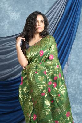 Olive Woven Blended Cotton Saree Without Blouse 2