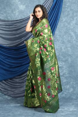 Olive Woven Blended Cotton Saree Without Blouse 3