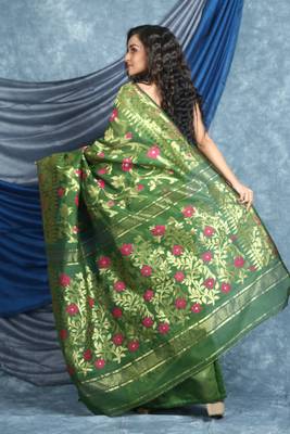 Olive Woven Blended Cotton Saree Without Blouse 4