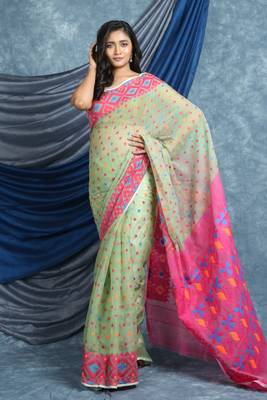 Light Green Woven Blended Cotton Saree Without Blouse 1