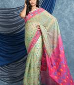 Light Green Woven Blended Cotton Saree Without Blouse