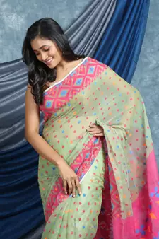 Light Green Woven Blended Cotton Saree Without Blouse