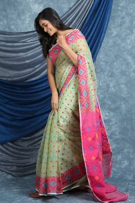 Light Green Woven Blended Cotton Saree Without Blouse 3