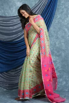 Light Green Woven Blended Cotton Saree Without Blouse