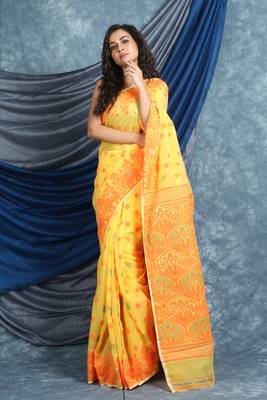 Orange Woven Blended Cotton Saree Without Blouse 1