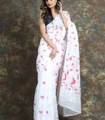 White woven blended cotton saree 