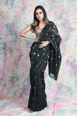 Black Woven Blended Cotton Saree Without Blouse 1