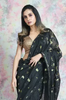 Black Woven Blended Cotton Saree Without Blouse