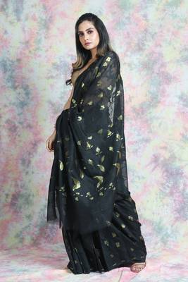 Black Woven Blended Cotton Saree Without Blouse 3