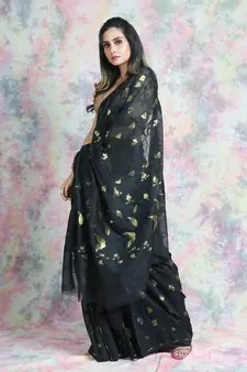 Black Woven Blended Cotton Saree Without Blouse