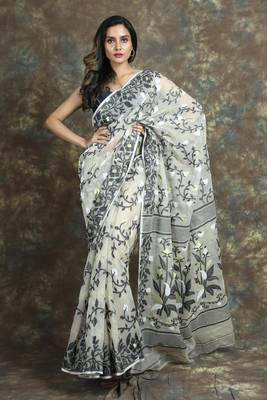 Off white woven blended cotton saree  1