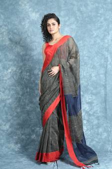 Black woven blended cotton saree with blouse