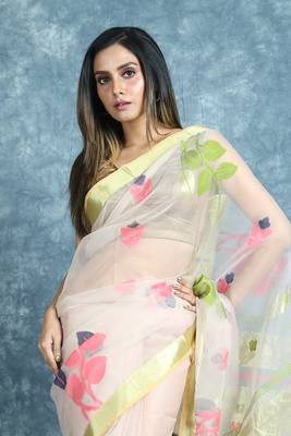 Off white woven silk saree with blouse 2