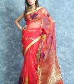 Red woven silk saree with blouse