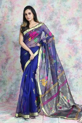 Blue woven silk saree with blouse 1