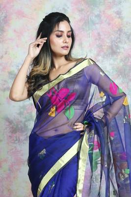 Blue woven silk saree with blouse 2