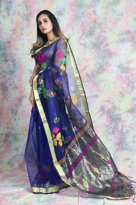 Blue woven silk saree with blouse 3