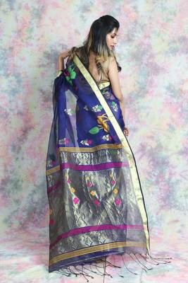 Blue woven silk saree with blouse 4
