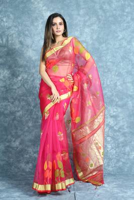 Pink woven silk saree with blouse 1