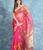Pink woven silk saree with blouse