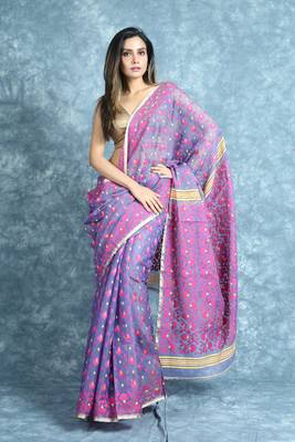 Blue woven blended cotton saree  1