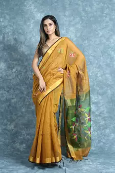 Golden woven blended cotton saree with blouse