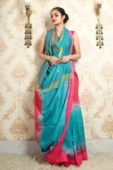 Sky blue woven blended cotton saree with blouse