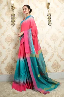 Sky blue woven blended cotton saree with blouse