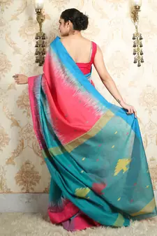 Sky blue woven blended cotton saree with blouse