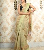 Beige woven blended cotton saree with blouse