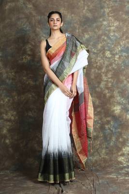 White woven blended cotton saree with blouse 1