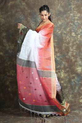 White woven blended cotton saree with blouse 2