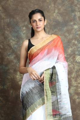 White woven blended cotton saree with blouse 4