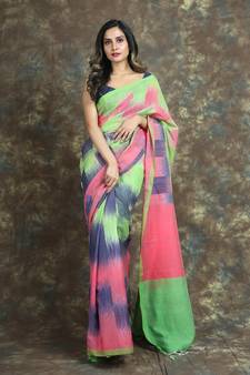 Multicolor woven blended cotton saree with blouse